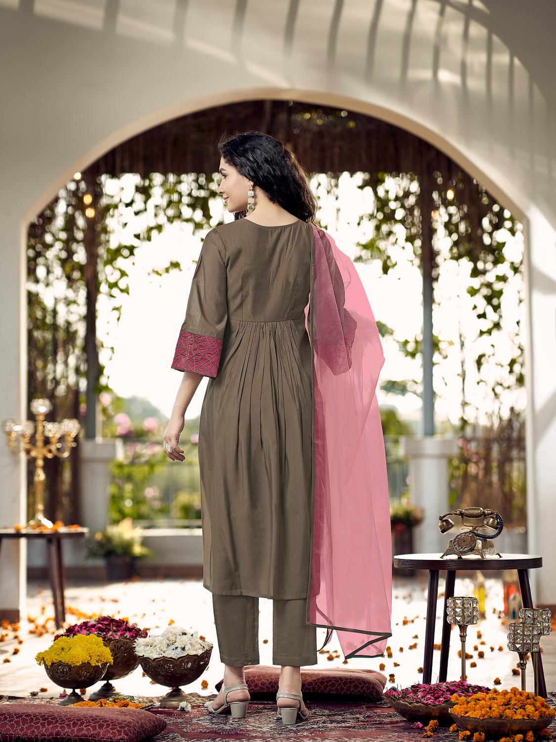 Brown Silk Blend Flared Kurta Set With Coral Patch & Sleeve Embroidery